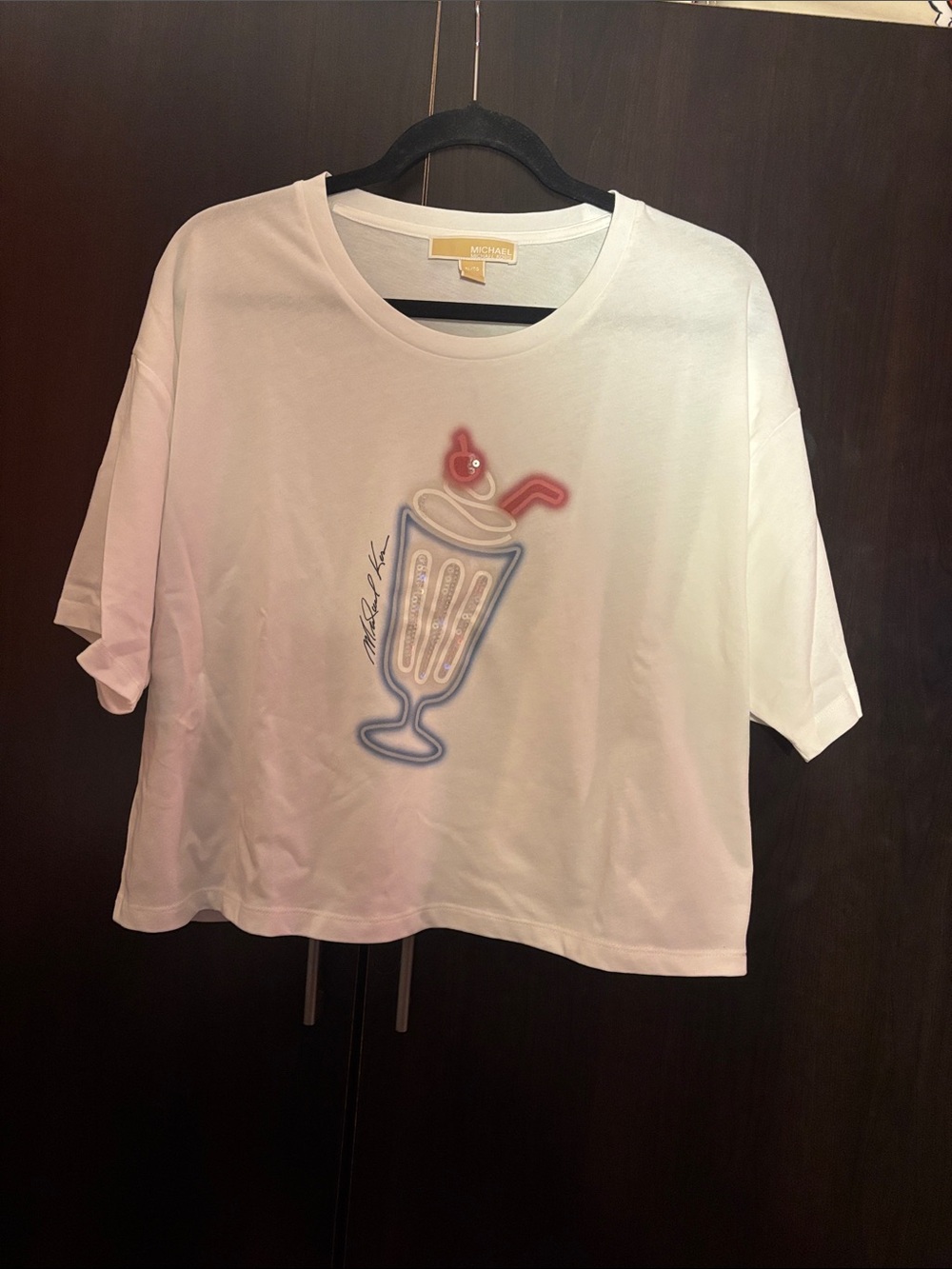 Michael Kors White woemns Short Sleeve Tee with Milkshake Graphic NWOT